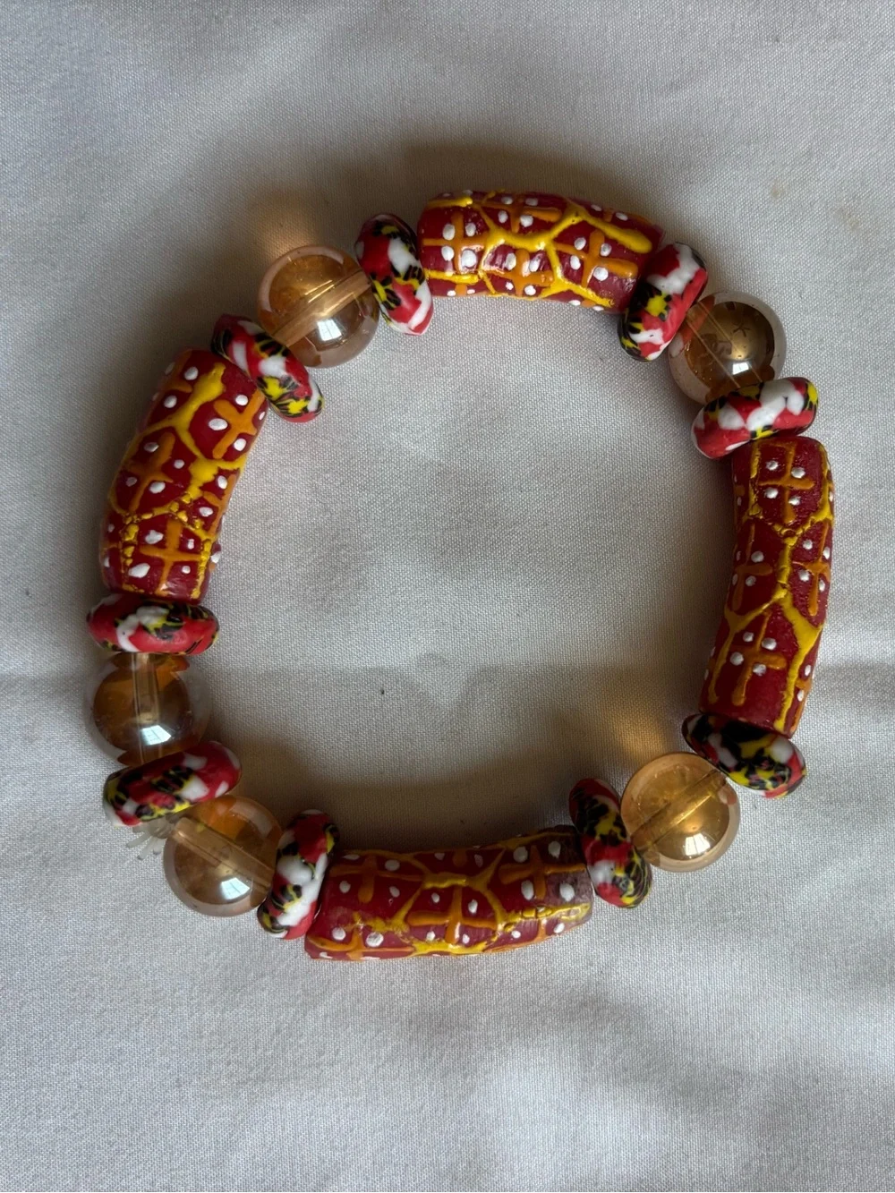 Handcrafted Red and Yellow Beaded Stretch Bracelet
